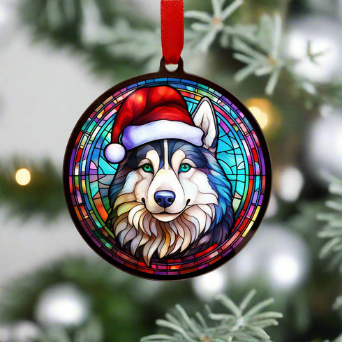 Husky in Santa Hat Suncatcher Decoration